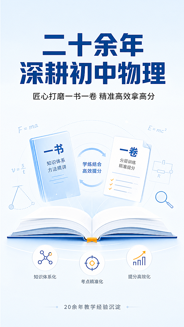 [第1屏] 详情页头图-深耕初中物理"一书一卷"学习体系价值宣传海报。
[氛围/风格] 专业简约教育风，浅蓝色背景，干净明亮，清晰专业的商业设计质感，营造可信的学习辅导氛围。
[元素布局] 画面顶部居中放置主标题，标题下方放置副标题，中部预留核心区域突出产品概念，底部放置信任背书信息。整体构图均衡，信息层级清晰，预留充足留白，不拥挤。背景采用浅蓝色到白色渐变，增加简洁专业感。
[光影质感] 顶部均匀主光，整体明亮通透，文字清晰锐利，无明显阴影，信息展示清晰直观。
[配色色系] 全局底色：#F0F8FF（浅天蓝）；主体配色：#1E5799（深蓝标题）+#333333（正文黑）；辅助色：#F5A623（橙色点缀）。
[视角构图] 居中正面构图，竖向浏览动线清晰，从上到下依次传递价值信息，符合移动端阅读习惯。
[文字版式] 主标题放在顶部居中："二十余年 深耕初中物理"，深蓝色粗体大字，字号占画面宽度8%-10%，字距适中。副标题在主标题下方居中："匠心打磨一书一卷 精准高效拿高分"，黑色常规字体，字号约为主标题50%。底部居中放置信任背书："20余年教学经验沉淀"，小号灰色字体。整体文字不遮挡主体，层级分明，移动端清晰可读。
[比例分辨率] 9:16竖版比例，4K分辨率，文字清晰可辨，超高清。
[负向提示词] 变形，水印，文字错乱，颜色偏差，背景杂乱，极限词，绝对化宣传，第三方导流信息。