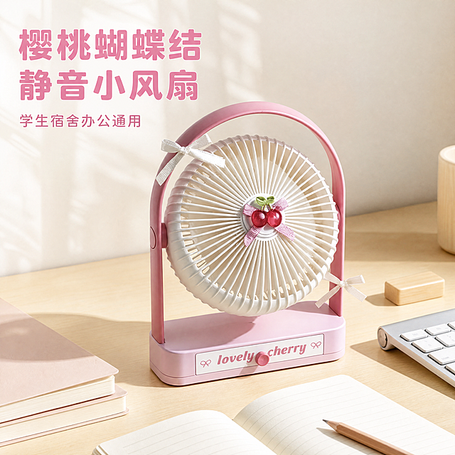 [主图-1] 樱桃蝴蝶结桌面风扇甜美产品首图
[氛围风格] 清新甜美少女心，日系温馨桌面场景，自然通透
[画质] 商业摄影质感、光线柔和通透、产品清晰真实、画面干净高级
[元素] 粉色樱桃蝴蝶结桌面风扇居中展示，保持产品外观（物理结构、材质质感、颜色）与输入产品图绝对一致，杜绝任何变形和色差，精细化处理。浅木色桌面、奶白色墙面，左侧摆放半叠浅粉色笔记本，右侧露出银色键盘边角，前景放置一本打开的空白笔记本和木质铅笔，简约清新不抢主体。商品主体占比严格控制在65%左右，画面满屏无边框
[光影] 上午自然光从左侧照射，光线柔和均匀，产品边缘有自然轮廓光，底部形成柔和投影，整体通透清爽，阴影过渡自然
[配色] 主色调浅粉米白，辅助色木色浅棕，整体甜美清新，低饱和度配色
[视角构图] 平视45度斜角，景深适中，主体突出，前景中景背景层次清晰
[文字版式] 左上负空间左对齐留安全边距，大字主文案「樱桃蝴蝶结 静音小风扇」粉色粗体无衬线，下方小字「学生宿舍办公通用」深粉色，约为大字一半高度。底部保留原产品logo「lovely cherry」不遮挡主体
[比例分辨率] 1:1比例，4k分辨率，文字清晰可辨，超高清
[负向提示词] 变形，水印，文字错乱，产品图模糊，背景杂乱，颜色偏差