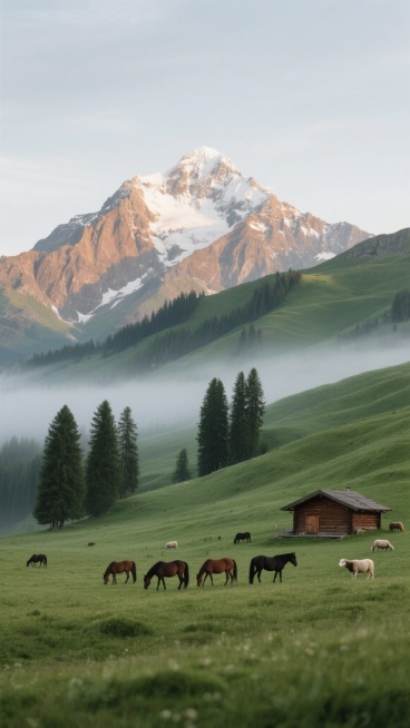 现实主义风格摄影，清晨薄雾笼罩的高山牧场场景，远方巍峨雪山峰顶覆盖皑皑白雪，山体呈棕褐色岩石纹理，山腰以下是层层叠叠的绿色草甸，坡度平缓起伏，近处开阔的青翠草原上点缀着几棵高大挺拔的墨绿色松树，树干笔直，树冠茂密，一群棕黑色的马在草地上悠闲觅食、漫步，前景左侧有一座棕色的木制小木屋，屋前散落着几只休憩的牛羊，光线柔和，呈现自然的晨光效果，天空为淡淡的灰蓝色，整体氛围宁静悠远，充满自然野趣与田园……预览效果