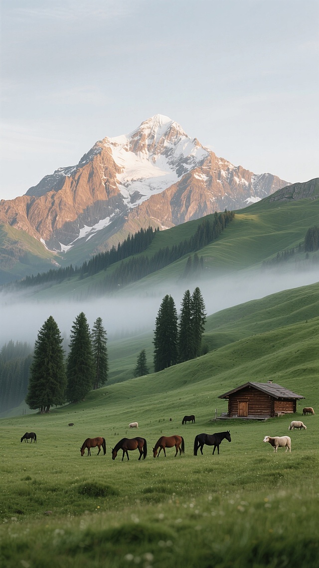 现实主义风格摄影，清晨薄雾笼罩的高山牧场场景，远方巍峨雪山峰顶覆盖皑皑白雪，山体呈棕褐色岩石纹理，山腰以下是层层叠叠的绿色草甸，坡度平缓起伏，近处开阔的青翠草原上点缀着几棵高大挺拔的墨绿色松树，树干笔直，树冠茂密，一群棕黑色的马在草地上悠闲觅食、漫步，前景左侧有一座棕色的木制小木屋，屋前散落着几只休憩的牛羊，光线柔和，呈现自然的晨光效果，天空为淡淡的灰蓝色，整体氛围宁静悠远，充满自然野趣与田园诗意。