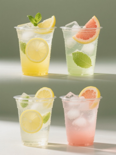 超写实摄影风格，一套4个规整排布的柠檬水素材，每个透明塑料杯中装有不同造型样式和不同口味的冰镇柠檬水，杯口分别装饰不同水果切片或薄荷叶，杯内液体呈现不同深浅的黄色、绿色、粉色等，均漂浮着切片柠檬和冰块，杯壁有水珠凝结，整体光影明亮，色彩清新通透，背景为纯色，无任何文字、logo和水印。预览效果