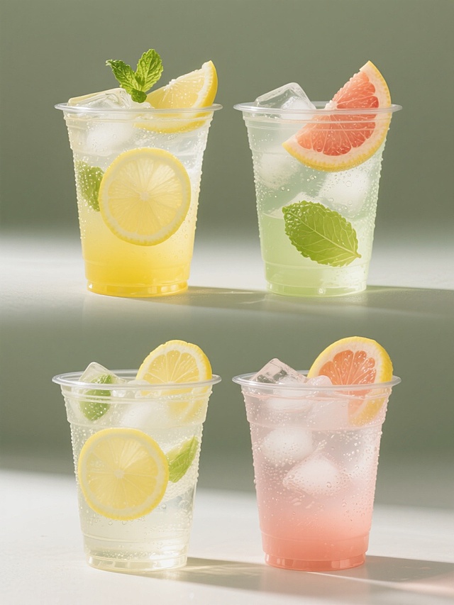 超写实摄影风格，一套4个规整排布的柠檬水素材，每个透明塑料杯中装有不同造型样式和不同口味的冰镇柠檬水，杯口分别装饰不同水果切片或薄荷叶，杯内液体呈现不同深浅的黄色、绿色、粉色等，均漂浮着切片柠檬和冰块，杯壁有水珠凝结，整体光影明亮，色彩清新通透，背景为纯色，无任何文字、logo和水印。
