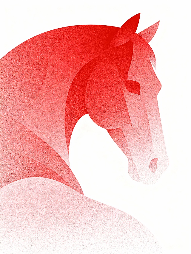 扁平渐变的弥散风格，马头部和背部轮廓若隐若现，结构美学，抽象，极简，红色系，精致颗粒感，白底