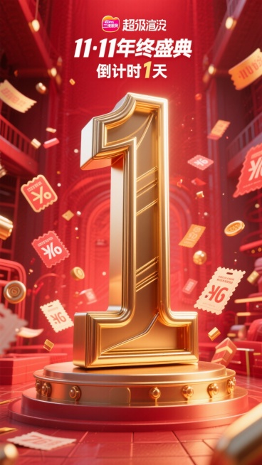 金属艺术字体设计“11·11年终盛典 倒计时1天”中的“1”要大突出，成为画面主体，金色金属质感，红色背景，活动氛围，促销元素包围预览效果