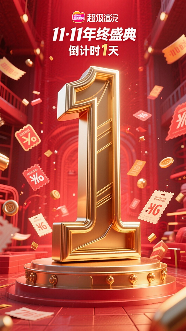 金属艺术字体设计“11·11年终盛典 倒计时1天”中的“1”要大突出，成为画面主体，金色金属质感，红色背景，活动氛围，促销元素包围