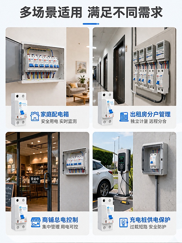 [第7屏] 场景化体验-多场景适配成果拼图。
[氛围/风格] 真实生活化场景，明快自然，多场景拼接，展示产品适配性。
[元素布局] 4格拼图版式，每格展示一个适配场景：左上角家庭配电箱安装场景，右上角出租房分户管理场景，左下角商铺总电控制场景，右下角充电桩供电保护场景。每个场景角落放置对应场景的智慧空开小图，标注场景名称和适配点，产品外观和之前保持一致。
[光影质感] 每个场景使用自然真实光照，整体亮度均匀，场景清晰不灰暗，文字突出。
[配色色系] 全局底色 #F5F7FA，每个场景用真实自然配色，文字用深灰和蓝色标注，保持整体风格统一。
[视角构图] 2×2四格宫格排版，每格场景大小一致，边界留白清晰，阅读动线从左上到右下。
[文字版式] 顶部主标题「多场景适用 满足不同需求」，每个场景格子底部配场景名称+6字以内适配说明，文字清晰不遮挡场景主体，适配移动端阅读。
[比例分辨率] 宽度1080px，高度1440px，3:4竖版比例，4K分辨率，文字清晰可辨，高清画质。
[负向提示词] 场景变形，产品错位，文字错乱，文字过小，拼接混乱，水印