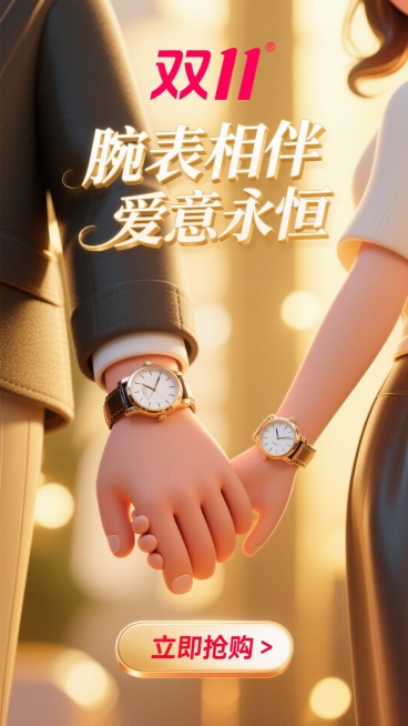 以下是为你生成的AI绘画提示词：

画面整体呈现商业摄影风格，以电影感灯光打造温馨浪漫氛围。照片中心，一对时尚情侣的手温柔相握，男生手部线条有力，女生手部纤细柔美。两人手腕上分别佩戴着优雅奢华的手表，预览效果