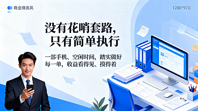 1280*720尺寸，包含老板元素的商务风海报，主副标题分明，主标题是"没有花哨套路，只有简单执行"，副标题是"一部手机、空闲时间，踏实做好每一单，收益看得见、摸得着"，使用宋体，字体清晰，不要行书楷体，不要中国风。