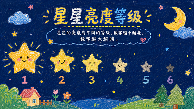 蜡笔手绘风格PPT页面，星星亮度等级主题，深蓝色夜空背景，画着6组不同大小亮度的星星从左到右排列，从最大最亮到最小最暗，旁边标注数字1到6，用简单的文字说明星星亮度分等级，蜡笔涂鸦质感，童趣可爱