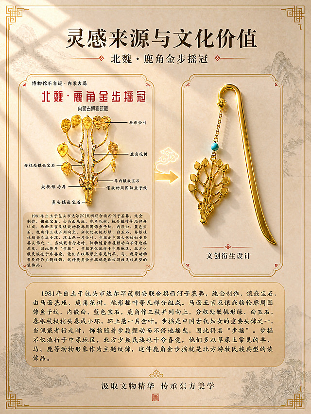 为这张灵感来源详情页增加更多光影细节，提升画面质感：
1. 左上角增加窗格投射的柔和菱形光影条纹，斜向洒落在画面左上区域，形成明暗层次。
2. 左侧文物图增加暖金色侧光效果，突出文物的金属立体感和宝石光泽，文物底部增加柔和的投影。
3. 右侧金属书签增强金属高光与反光质感，书签底部增加自然接触阴影，更有立体感。
4. 中间祥云箭头增加柔和的发光效果，更有设计感。
5. 底部文字区域增加轻微的光影渐变，整体画面光影更丰富有层次。
6. 所有文字内容、排版、布局、文物标注、介绍文字全部保留不变，只增加光影细节和质感提升。