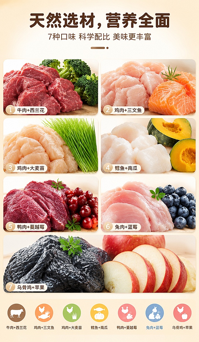 电商详情页头图，7口味猫条主要食材特写矩阵展示。画面主体为7组食材组合的精美特写图，呈网格状排列，每组食材新鲜诱人、质感真实。7组食材分别是：1.牛肉+西兰花 2.鸡肉+三文鱼 3.鸡肉+大麦苗 4.鳕鱼+南瓜 5.鸭肉+蔓越莓 6.兔肉+蓝莓 7.乌骨鸡+苹果。每组食材都以微距特写方式呈现，纹理清晰、色泽鲜亮、充满食欲感。背景为浅米色渐变，干净温馨。顶部主标题文字："天然选材，营养全面"，副标题文字："7种口味 科学配比 美味更丰富"。标题字体为圆润黑体，主标题深棕色加粗，副标题浅棕色，文字清晰可读。底部有7个小图标分别对应7种口味标签。整体风格清新自然、宠物食品商业摄影质感，光影柔和，层次分明。