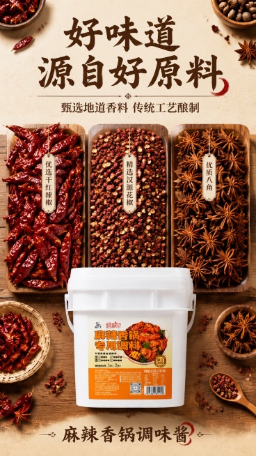 [第4屏] 成分原料展示屏，展示麻辣香锅调味酱优质原料。
[氛围/风格] 自然食材食欲风，真实食材实拍，暖调美食摄影质感。
[元素布局] 画面上半部分放大展示干红辣椒、花椒、八角三种核心原料，每种原料预览效果
