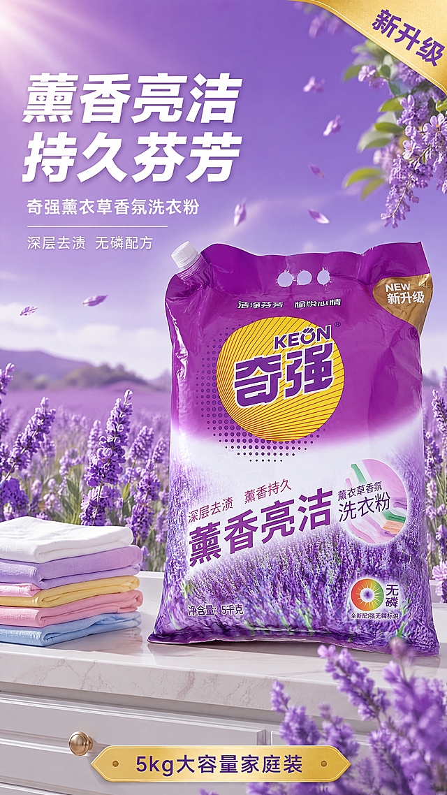 [第1张] 详情页头图-奇强薰衣草香氛洗衣粉主视觉海报。本张使用【图1】作为商品主体。
[氛围/风格] 清新洁净家居风，紫色薰衣草浪漫氛围，商业摄影质感，明亮通透，高级感。
[元素布局] 洗衣粉袋置于画面中央偏右，占比约60%，正面展示，包装完整清晰；左侧及背景为薰衣草花田场景，紫色薰衣草花朵随风摇曳，花瓣飘散；底部为洁净的白色洗衣台台面，台面上有折叠整齐的彩色衣物一角；产品物理结构、比例轮廓、紫色包装、黄色圆形logo、文字排版与输入产品图完全一致，禁止变形。
[光影质感] 左上方柔和自然光，右侧补光，产品正面均匀受光，底部自然投影，整体明亮温馨，薰衣草花田有朦胧光晕效果。
[配色色系] 全局底色渐变 #9B59B6 到 #D7BDE2（薰衣草紫渐变）；主色紫色；辅助色金黄、白色；点缀色绿色薰衣草茎叶。
[视角构图] 正面微仰视，产品为视觉中心，阅读动线左上标题 → 中部产品 → 底部信息条。
[文字版式] 版式为左上标题区 + 中部产品 + 底部信息条。主标题「薰香亮洁 持久芬芳」，加粗黑体白色字；副标题「奇强薰衣草香氛洗衣粉」，白色细黑体；标题下方小字「深层去渍 无磷配方」；底部金色信息条写「5kg大容量家庭装」；右上角金色角标「新升级」；所有文字清晰可读，不遮挡产品主体。
[比例分辨率] 9:16 竖版比例，4K分辨率，文字清晰可辨，高清画质。
[负向提示词] 产品变形，包装文字错乱，颜色偏差，水印，文字过小，背景杂乱，缺件错件，产品模糊。