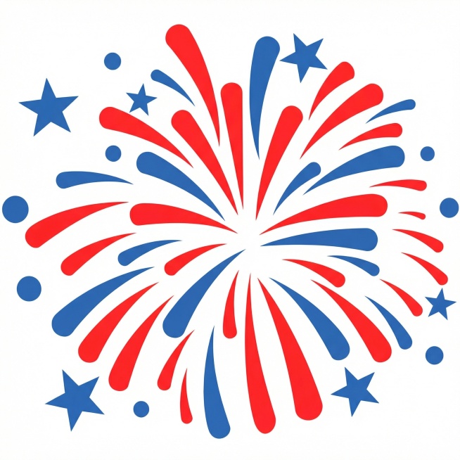 生成和参考图风格一致的红蓝配色烟花，搭配蓝色星星和圆点元素，扁平化简约风格预览效果