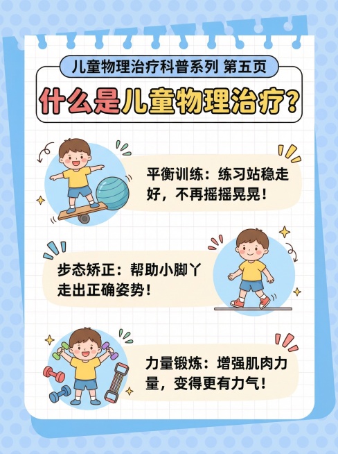 参考上传的浅蓝色波点背景、卡通笔记本纸张版式的科普海报风格，制作儿童物理治疗科普系列第五页：标题为「什么是儿童物理治疗？」，下方用可爱的卡通图标分别展示平衡训练、步态矫正、力量锻炼三个项目，每个图标旁预览效果