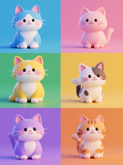 六个不同品种、不同风格的可爱猫咪集合，每个猫咪都采用圆润Q版3D风格，具有光滑细腻的材质、柔和渐变的色彩过渡和俏皮可爱的表情，保持白色肚皮、粉肉垫和腮红等细节特征，分别以纯蓝、纯粉、纯绿、纯黄、纯紫、纯橙六种纯色背景规整排布，每个猫咪呈现不同的姿势和品种特征，整体画面明亮治愈，充满童趣预览效果