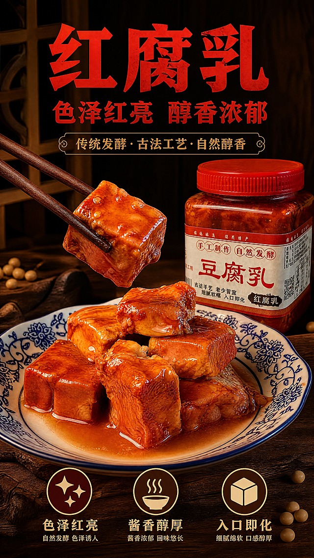红腐乳口味展示详情页，9比16竖版。顶部标题：红腐乳 色泽红亮 醇香浓郁，红色粗黑体。中间青花瓷盘里堆叠着几块红亮的腐乳块，表面油亮有光泽，酱汁饱满，筷子夹起一块。旁边放着一瓶红腐乳产品。底部三个小卖点：色泽红亮、酱香醇厚、入口即化。背景深棕色木质纹理，传统美食风格，暖光照射，食欲感强。