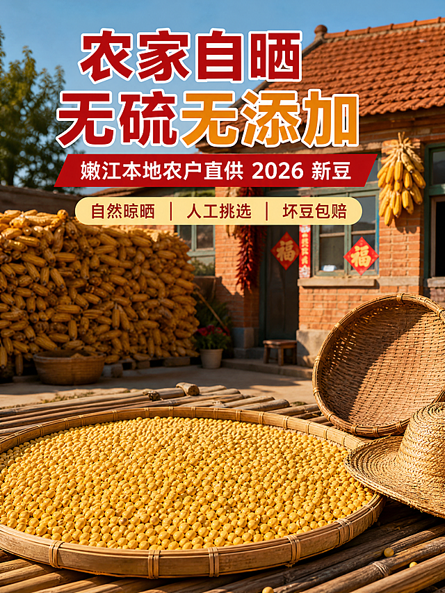 750×1000px 竖版，写实风格，东北农家小院，竹制晒席上铺满金黄黄豆，旁边放着竹簸箕和草帽，背景是红砖瓦房和玉米垛，午后阳光温暖，生活气息浓厚，色调明亮，红黄色主调，高对比度，添加文字：主标题“农家自晒 无硫无添加”，副标题“嫩江本地农户直供 2026 新豆”，卖点标签“自然晾晒 | 人工挑选 | 坏豆包赔”，文字清晰可复制