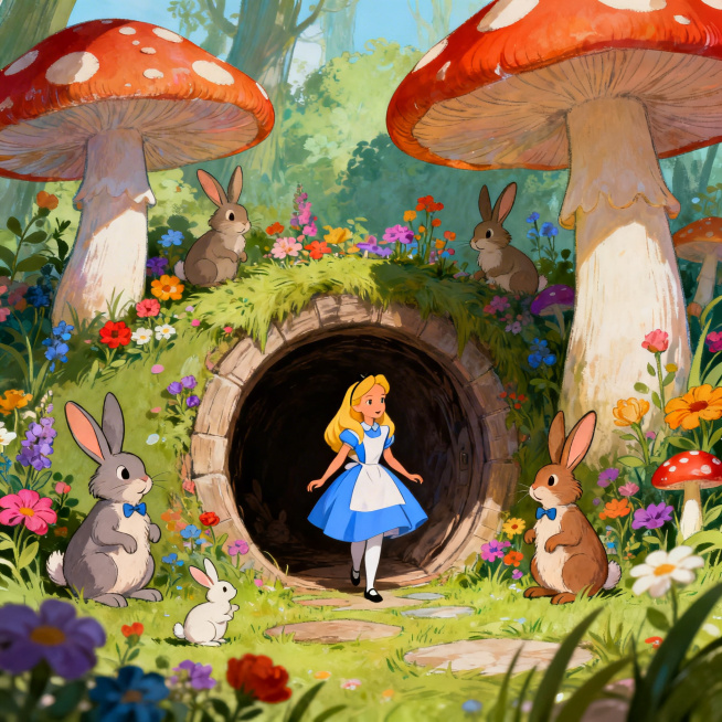 儿童插画风格的爱丽丝梦游仙境场景，爱丽丝穿着蓝色连衣裙，站在奇幻兔子洞入口，周围有会说话的兔子、巨型蘑菇和彩色花朵，温馨童话氛围，线条柔和，色彩明快清新预览效果