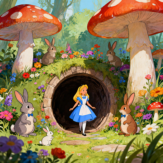 梦幻感与卡通感交织的插画风场景，拟人化的兔子与童话元素营造温馨趣味，爱丽丝从神秘隧道走出，宛如进入童话故事中的奇妙世界。