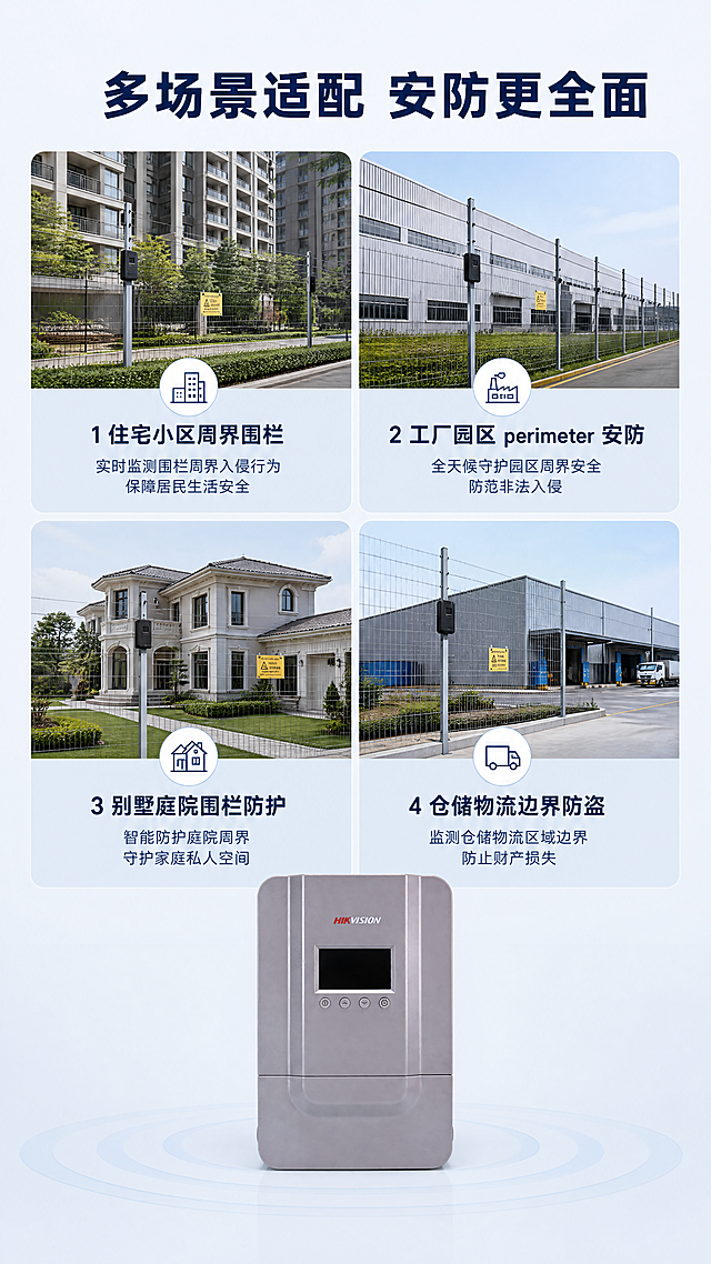 「图片1」淘宝/天猫
商品是DS-PF-E0204N(B)网络型4线制双防区脉冲主机，卖点是4.3英寸的液晶显示操作屏
显示每个防区的工作电压值
电压值可无限调控(0.7Kv-6.5Kv)
显示每个防区的工作电流值
防区报警显示图标,可实时监控每个防区情况,一旦报警被触发图标立即闪烁并报警提示
内接式螺丝接线端子台，让高压与脉冲连接更可靠、稳定，安全
提供1个485通信接口，1个RJ45 10/100M自适应以太网口
通过485通讯接口可直接连接网络报警主机可双向控制
多功能继电器控制可编程输出继电器，让脉冲电子围栏可与其他安防系统实现集成
自带地址码定位器，内置的拨码式地址码模块，自带拨码开关，使用多防区时无须另外增、加地址码模块
可输出DC 12V、1A的供电，给外接设备供电，无需接入外供电源，节约成本
可接入外部1对开关量输入集成（例如红外对射等），由脉冲主机输出报警信号，可由网络报警主机统一管理，
防区
2个
异常状态监测
支持
防拆
支持
配置方式
本地配置
有线连接
支持
报警输入
1对开关量输入集成
报警输出
3路开关量输出（2路为防区报警输出，1路为外部开关量报警输出）
数字按键
支持
电池接口
一个蓄电池接口
电源
AC90-260V，±10%， 50HZ
功耗
30W
工作温度
‘-30℃ - +55℃，±10%
工作湿度
10％ - 90％
外壳材质
ABS工程塑料
尺寸(宽x高x深)
380mm高×255mm宽×100mm深
重量
3.8KG
安装方式
壁挂
显示屏
液晶显示屏先做5张1:1主图，再做8张9:16详情页