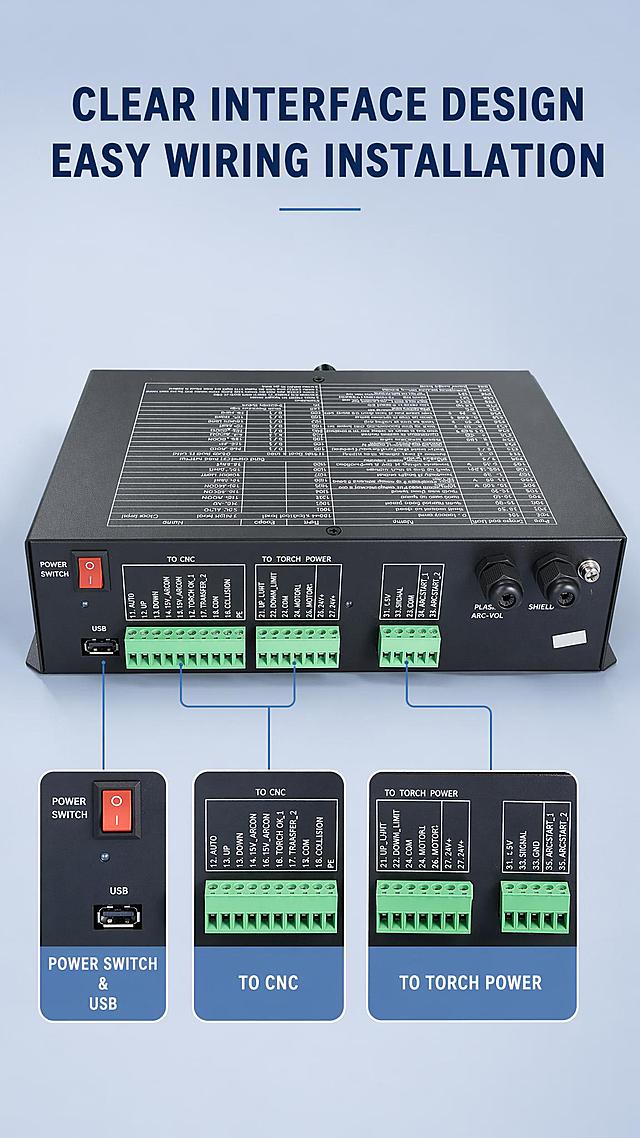 [第7屏] Terminal interface detail page. 本屏使用原图6, focus on back connection terminals. Light blue-gray background, title top "CLEAR INTERFACE DESIGN
EASY WIRING INSTALLATION". Label clearly three connection areas: TO CNC, TO TORCH POWER, POWER SWITCH & USB. Show green terminal blocks, black connectors, red power switch, keep all labels and structure 100% consistent with original image. Soft directional lighting highlights terminal details. 9:16 vertical proportion, 4K resolution. Negative prompt: wrong labels, deformation, blurry, Chinese characters.