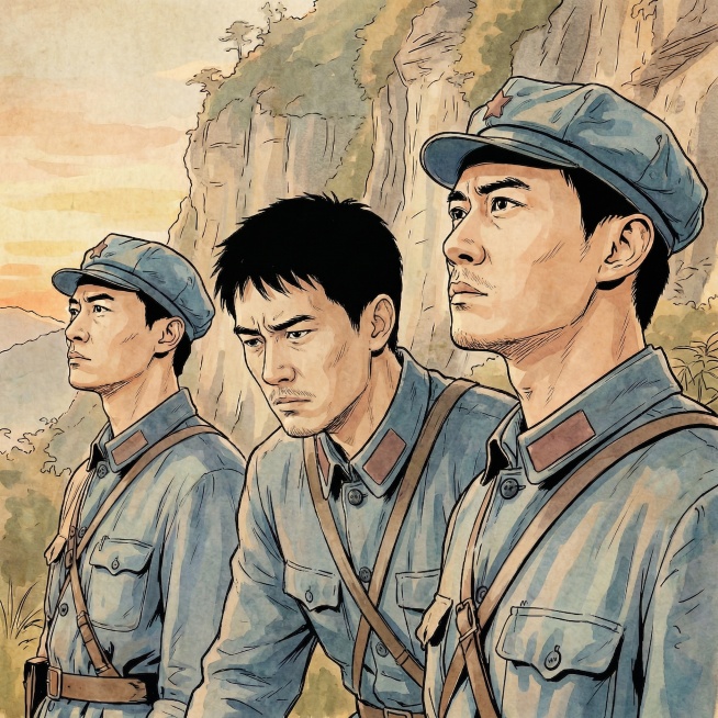 将服装颜色改成红军军装的蓝灰色，修改中间人物姿态为身体前倾，调整表情为面色凝重露出失望的神情，保持整体线稿淡彩漫画风格，保持画面其余构图和内容不变预览效果