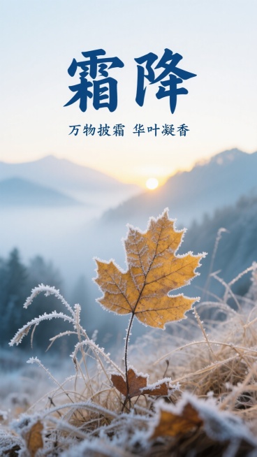 自然风景海报，前景为带霜的枯黄树叶与枯草特写，背景是薄雾笼罩的远山与日出光线，画面上方横排文字“霜降”，紧接着下方是竖着一排文字“万物披霜 华叶凝香”，整体色调以清冷蓝白为基底，突出霜的晶莹质感与自然预览效果