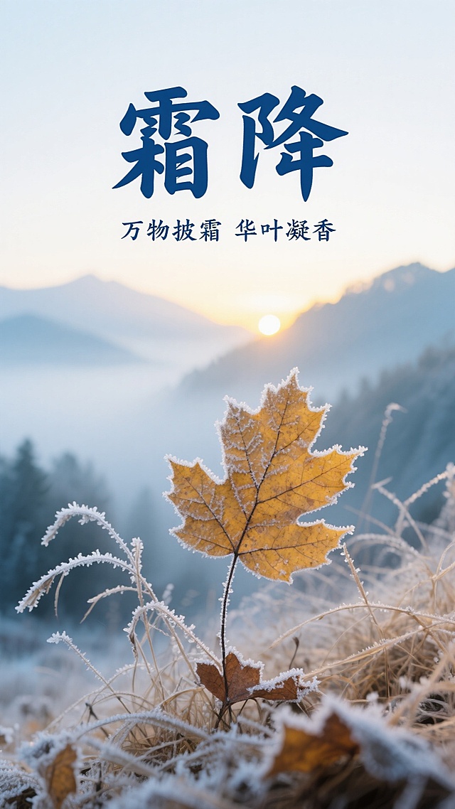霜降时节，晨光微照，霜覆秋叶，静谧而唯美的实景画面。大字风书法搭配单色设计，水墨意境中透出清透与文艺感，光影交织，尽显自然之静美。