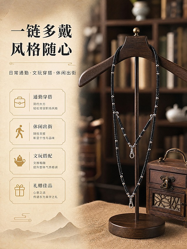 [商品] 使用【图1】椰蒂双挂链；保留双挂链结构、椰蒂珠、银饰圆珠、双挂扣、磁扣的全部外观与比例；项链自然垂挂展示，增强材质质感。
[画面] 目标：场景种草，展示项链的穿搭适配性。构图：左文右图，右侧为项链挂在深色木质衣架上的陈列场景，左侧文案区。产品占画面50%。前景：麻布质感桌布；中景：木质衣架+项链+复古收纳盒；背景：虚化的中式书房环境（书架、茶具虚化）。景别：中景。阅读动线：左上方标题→左侧卖点→右侧产品。
[视觉] 套系策略：风格=东方禅意复古商业摄影；标题字=宋体粗体（古典雅致）；正文字=现代细黑体；主色=深棕黑（椰蒂色）；背景延展=基于浅米杏做深浅层级、宣纸纹理、同色渐变；强调色=古铜金，仅用于小面积图标、引线和装饰线条；标题色=深炭黑；正文色=中暖灰；组件=细线描边信息卡、中式分隔线；光影=左前侧暖柔光，右侧柔和补光，营造温润质感。
[文字] 左上主标题「一链多戴 风格随心」，副标题「日常通勤·文玩穿搭·休闲出街」，下方4个场景标签：通勤穿搭、休闲出街、文玩搭配、礼赠佳品。文字区在左侧，不遮挡产品。
[规格] 图片比例3:4竖版，4K分辨率，负向提示：避免变形、错字、文字过小、冷蓝背景、颜色失真、现代感过强、塑料质感。
