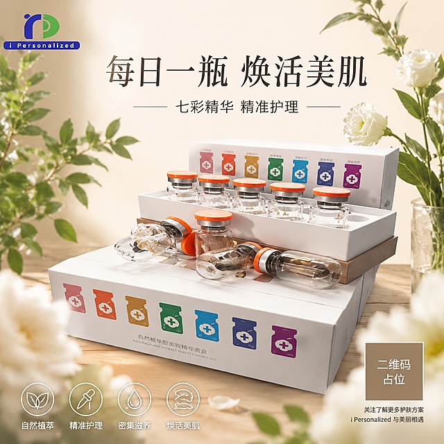 自然植萃型美妆精华套盒朋友圈海报，正方形1:1比例，写实商业摄影风格，清新精致有氛围。画面展示【图1】七彩精华套盒斜角陈列，100%还原上传商品图的产品外形、包装、LOGO、印刷文字，以上传图为唯一商品主体来源，完整保留原图中的盒型、瓶型、七彩颜色、结构、比例、品牌logo、材质质感与正面朝向。产品放置在浅色木质台面上，周围有白色花朵和绿色植物叶片点缀，前景有虚化的花瓣营造景深。画面上方有简洁主标题："每日一瓶 焕活美肌"，下方有小字副标题："七彩精华 精准护理"。整体氛围清新自然，柔和自然光从侧方照入，温暖舒适。背景为浅米色渐变，干净温暖。版式精美，留白充足，文字不遮挡产品主体。玻璃材质通透有高光，阴影柔和自然，整体呈现高端护肤生活方式感。画面中所有二维码区域使用纯色方块占位符呈现，方块中央标注"二维码占位"文字，严禁生成任何可识别的二维码图案。画面中所有信息区域必须填充完整合理的内容，不得出现空白框、空白占位、横线待填写区域，确保是完整可用的成品海报。