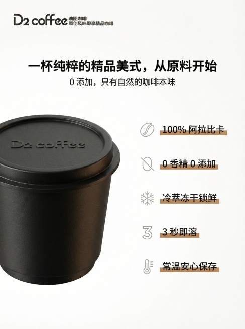 3:4竖版构图，左侧为单颗咖啡罐罐特写，聚焦罐身纹理与哑光黑质感。右侧分点陈列核心卖点，用线性图标 + 短句：「100% 阿拉比卡」「0 香精 0 添加」「冷萃冻干锁鲜」「3 秒即溶」「常温安心保存」预览效果