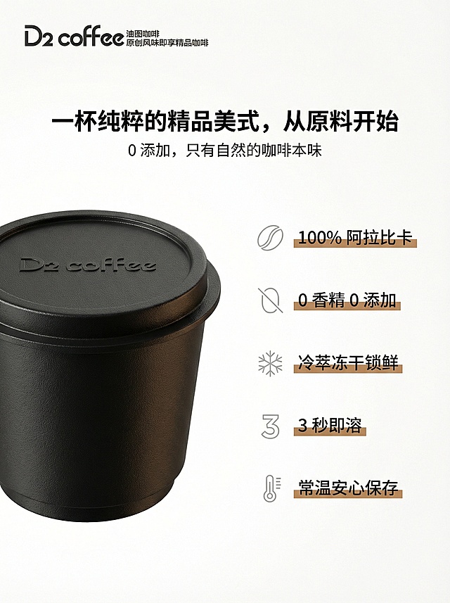 3:4竖版构图，左侧为单颗咖啡罐罐特写，聚焦罐身纹理与哑光黑质感。右侧分点陈列核心卖点，用线性图标 + 短句：「100% 阿拉比卡」「0 香精 0 添加」「冷萃冻干锁鲜」「3 秒即溶」「常温安心保存」。主标题为“一杯纯粹的精品美式，从原料开始”，副标题为“0 添加，只有自然的咖啡本味”。色调延续黑白主调，用暖棕突出风味关键词，图标用浅灰线条。图标采用线性极简风格，文案左对齐，行间距宽松，保持呼吸感。