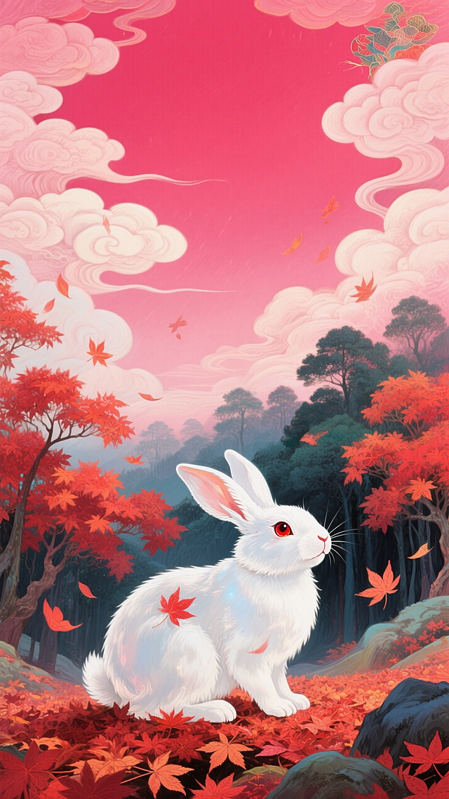 玫红渐变背景，玉兔在红色枫叶林深处，远处有树林