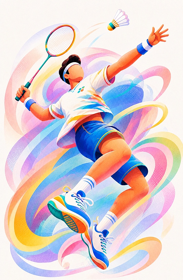 发力艺术风格，参考原图人物形象和色彩插画风格，生成打羽毛球的人物形象，活力动感