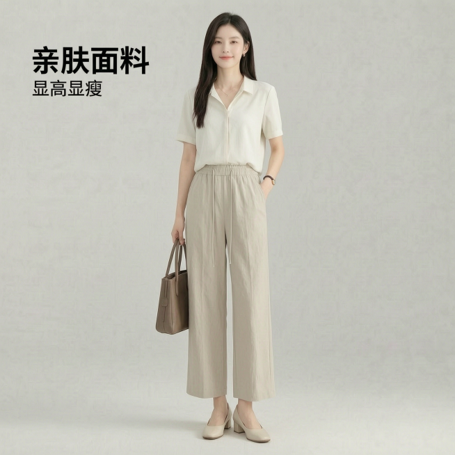 [主图-1] 正面模特穿搭展示浅杏色女士休闲阔腿裤。
[氛围风格] 简约通勤，高级松弛，自然干净；
[画质] 商业摄影质感、光线柔和通透、产品清晰真实、画面干净高级，2K超高清。
[元素] 同一位年轻预览效果