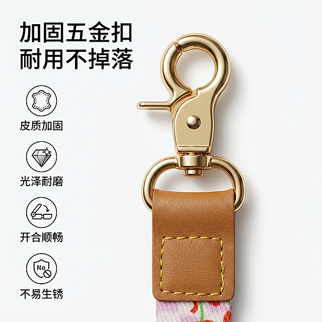 [垫图] https://gdesign-dam-hz.dancf.com/35896036013622453/950edae8132c44ea961c28b1e0d22226.jpg
[主图主题] 手机挂绳加厚五金细节展示主图
[氛围/风格] 简约高级，高清质感，商业精修
[画面元素] 手机挂绳的金色五金扣与皮头部分居中放大展示，占据画面中心，清晰呈现缝线工艺与五金光泽，干净纯白背景，柔和侧光突出金属质感和皮质纹理，背景铺满全屏无边框
[配色色系] 主色调：纯白色，辅助色：金色 棕色，对比清晰突出细节
[视角构图] 平视特写构图，焦点清晰落在五金接头处，景深适中
[文字版式] 主标题 加固五金扣 耐用不掉落，四个卖点 皮质加固 | 光泽耐磨 | 开合顺畅 | 不易生锈，左侧竖向排列主标题和卖点，每个卖点配圆形小图标，黑色文字，干净利落，不遮挡主体产品
[比例分辨率] 1:1 比例，2k 分辨率