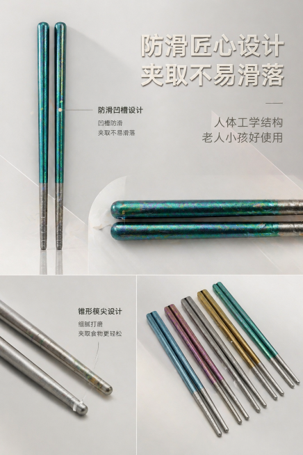 第6屏：2:3竖版电商详情图，极简几何轻奢风，纯色哑光高级背景，线条解构元素装饰；聚焦展示筷子防滑凹槽、锥形筷尖结构细节，多角度细节镜头切换；主标题右对齐排版，立体浮雕文字效果，副标题大小层级错落排版预览效果