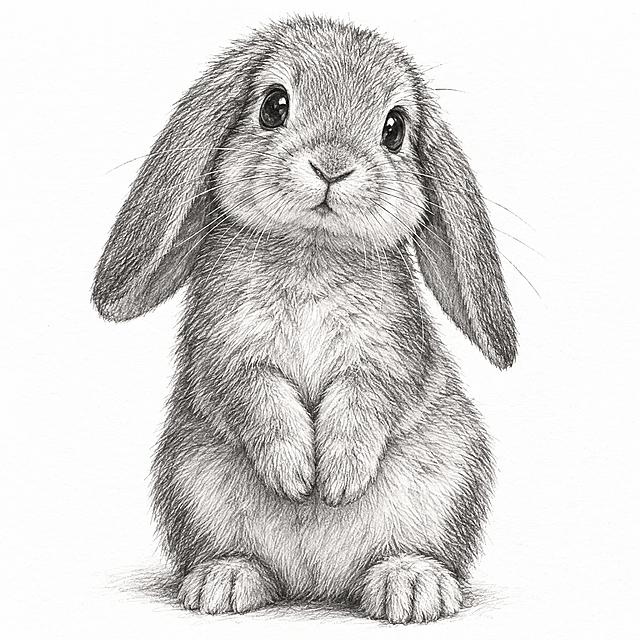 一只可爱的兔子素描画，铅笔手绘风格，细腻的线条勾勒出兔子的毛发纹理和柔软的长耳朵，圆溜溜的眼睛，三瓣嘴，胡须清晰可见，兔子呈坐姿，前爪放在身前，背景为干净的白色画纸，素描光影层次丰富，有明显的铅笔笔触质感，艺术感强，写实风格