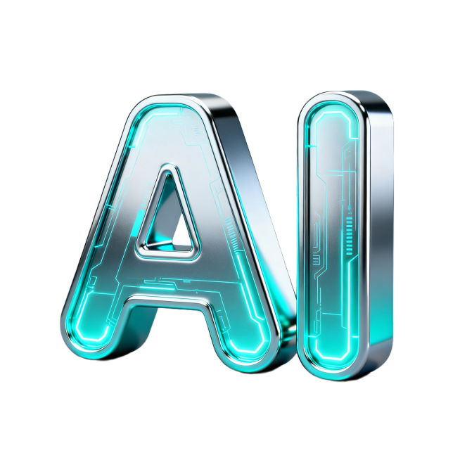 3D立体"AI"文字图标，青蓝银渐变色，金属质感，发光科技光效，精致光影，未来科技风，圆角立体字体预览效果