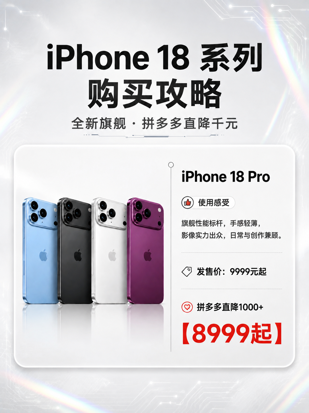 iPhone 18系列购买攻略海报，3:4竖版，黑白浅色高级配… - 图片创意预览