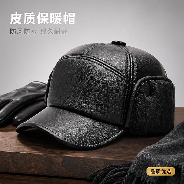 将背景替换为高级感浅灰色渐变背景 纯净简洁有质感 保留帽子 皮手套 围巾和木质台面等所有前景元素不变 保持帽子外观（即物理结构 材质质感 颜色 缝线细节 皮质纹理 护耳纽扣）与原图完全一致 杜绝任何变形和色差 光影保持原有方向和质感 仅调整背景为浅灰色高级感 整体画面干净通透 高级商务质感 保留原有文字内容和位置不变