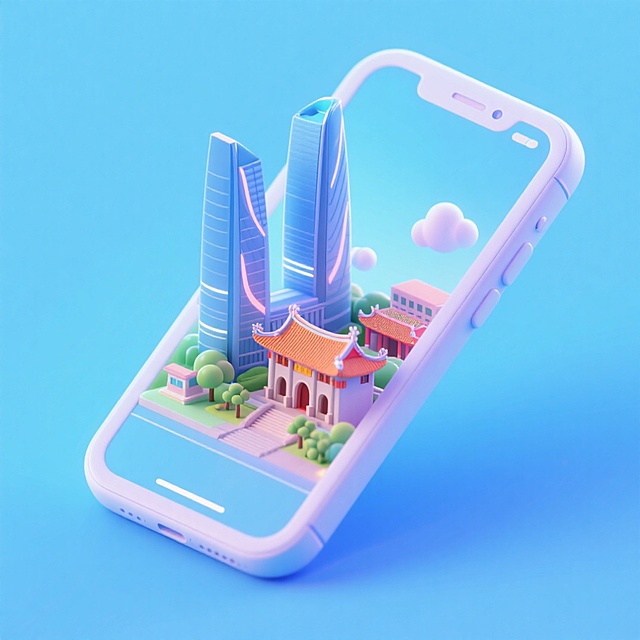 未来感与科技感交融的3D微缩艺术，手机屏幕中呈现传统建筑与摩天大楼的梦幻碰撞，柔和清新的塑料风设计，营造出轻盈梦幻的视觉体验。
