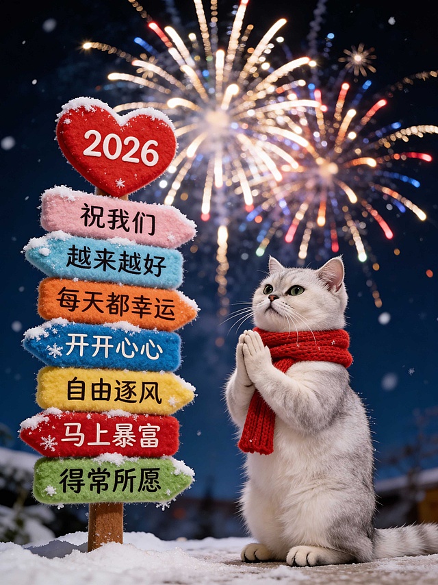 图中宠物围红色针织围巾，直立起身，双爪交握似祈福，表情虔诚
左边有彩色毛绒指示牌（顶部红心形写“2026”，往下依次写有文案“祝我们”“越来越好”“每天都幸运”“开开心心”“自由逐风”“马上暴富”“得常所愿”牌面落雪）；背景是夜空有绚丽的烟花；整体氛围热闹，充满新年的美好祝愿与烟花浪漫氛围，整体构图比例合理