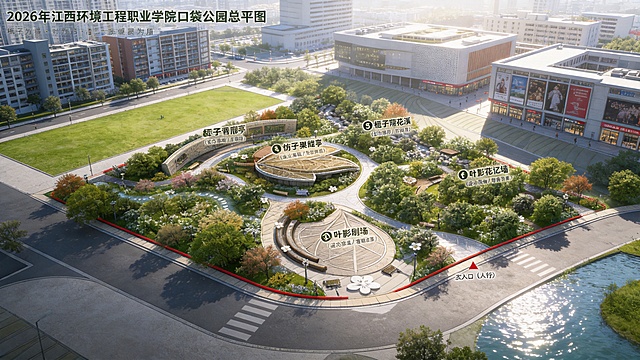 基于提供的栀子花口袋公园平面图，生成45度低空鸟瞰效果图，不改变原有用地形状。完整呈现整个公园全貌，保留全部设计节点：栀子香廊亭、栀子荫花溪、仿栀子果旱溪、叶影剧场、栀子花忆墙、栀子林氧吧。公园周边添加现代化居住区、校园、商场城市建筑环境，公园内部设置阳光大草坪，若有水面对吧保持波光粼粼效果。现代自然公园风格，添加真实阳光光影效果，整体氛围通透静谧，真实质感，高清通透，延续sasaki设计风格，保持原图比例，清晰展示公园整体和周边环境