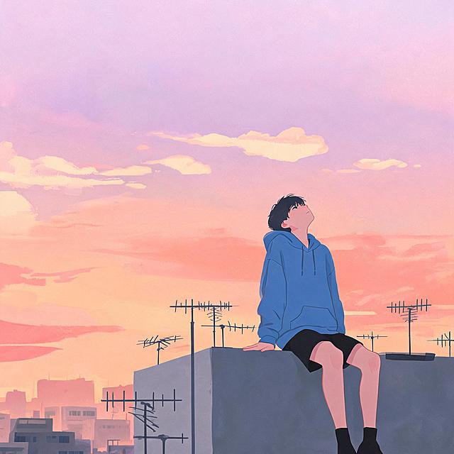 现代扁平风数字插画，青春治愈系画风。黄昏日落时分的城市天台场景，一个身着蓝色连帽卫衣、黑色短裤的少年坐在画面右下角的屋顶边缘，双腿自然垂下，双手向后撑住屋顶表面，抬头仰望粉橙渐变的天空，姿态松弛悠然。周围错落竖立着多根老式电视天线杆，远处是低矮城市建筑的朦胧剪影。天空从顶部的淡紫粉调向下渐变为温暖的橙红色，云层柔和轻薄。整体色调暖柔治愈，低饱和度渐变色彩，色块分明，带有怀旧青春氛围感，画面干净简洁，无任何文字，正方形构图，人物位于画面右下方