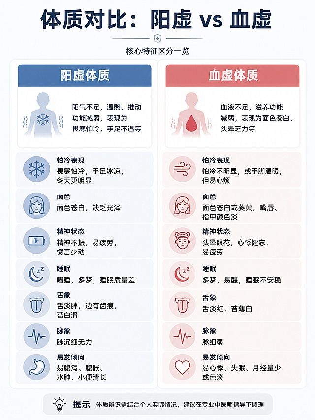 简约清晰的信息对比图，左侧展示阳虚体质特点，右侧展示血虚体质特点，标题为"体质对比：阳虚 vs 血虚",用干净的卡片分栏布局列出核心特征区分，医疗科普风格，简洁专业