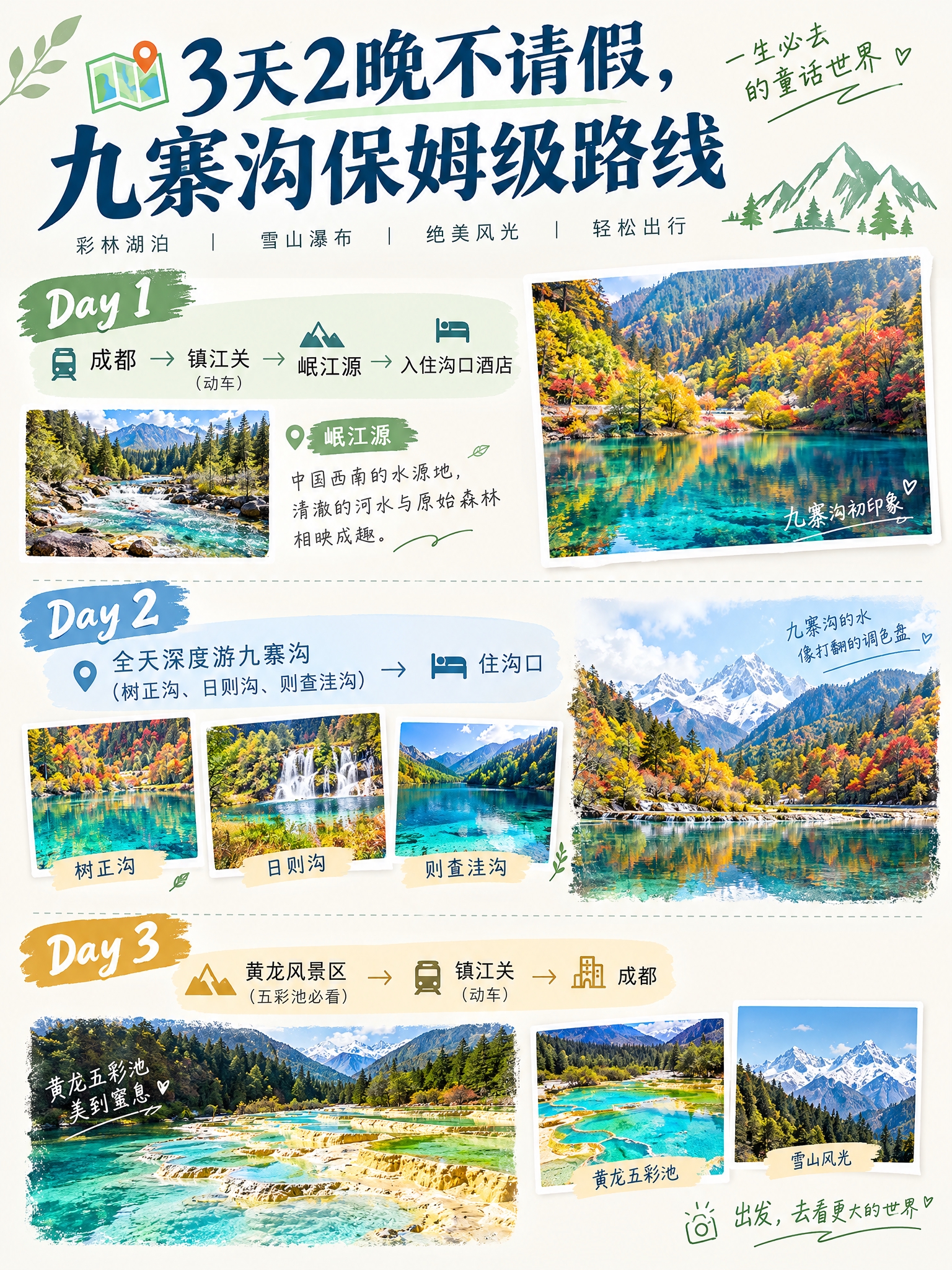 基于参考图的九寨沟黄龙旅行海报风格，重新设计一张九寨沟3天2晚… - 图片创意预览