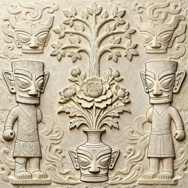 中式插花构图三星堆主题国风插画，浅浮雕效果，对称庄严构图，线条清晰，包含青铜神树、纵目面具、大立人元素，适合雕刻与手绘草图，纹理简洁，层次分明预览效果