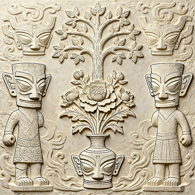 中式插花构图三星堆主题国风插画，浅浮雕效果，对称庄严构图，线条清晰，包含青铜神树、纵目面具、大立人元素，适合雕刻与手绘草图，纹理简洁，层次分明